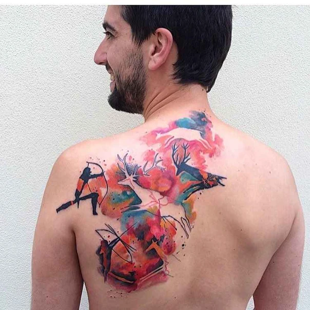 Watercolor Deer, Archer tattoo on Upper Back
