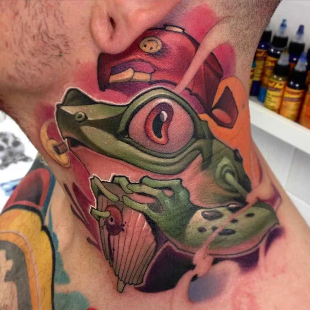 Cartoon Frog, Eye tattoo on Neck