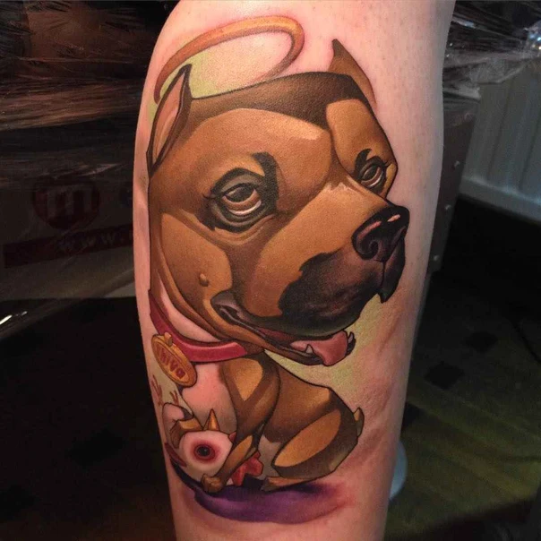 Cartoon Dog, Angel tattoo on Calf
