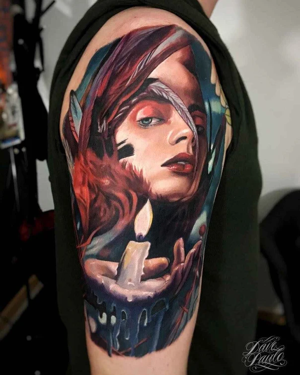 Realism Portrait, Candle tattoo on Upper Arm