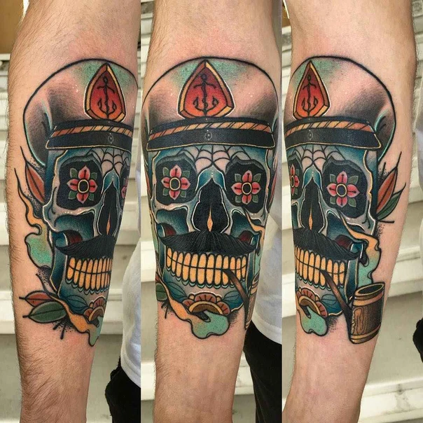 Neo Traditional Skull, Flowers tattoo on Forearm