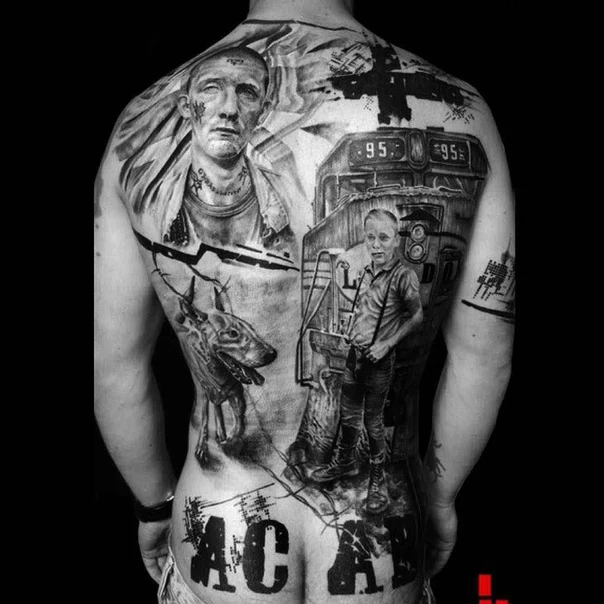 Реализм Portrait, Train tattoo на Спина (полная)