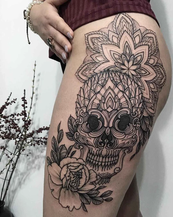 Ornamental Skull, Mandala tattoo on Thigh
