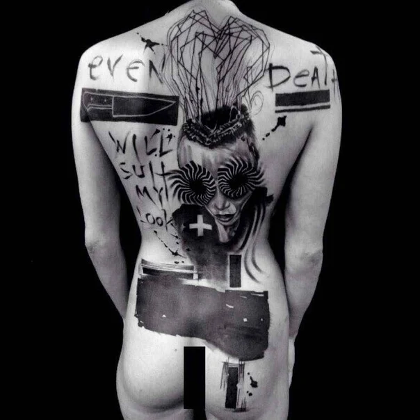 Блэкворк Portrait, Lettering tattoo на Спина (полная)