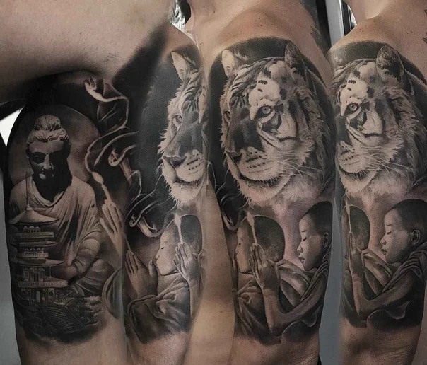 Realism Buddha, Tiger tattoo on Full Sleeve