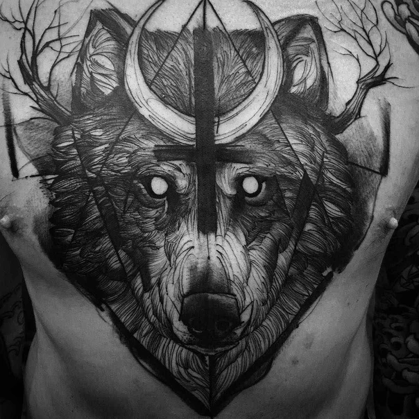 Blackwork Wolf, Geometric tattoo on Chest