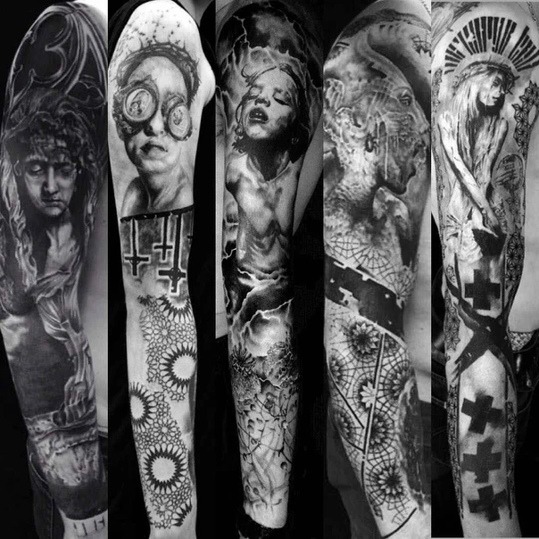Чёрно-серая Portrait, Religious tattoo на Полный рукав