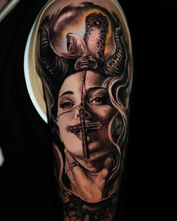 Realism Face, Cross tattoo on Full Sleeve