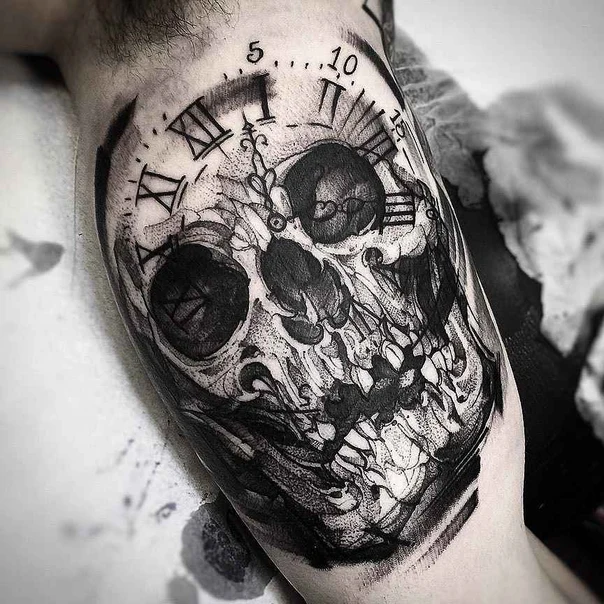 Blackwork Skull, Clock tattoo on Forearm
