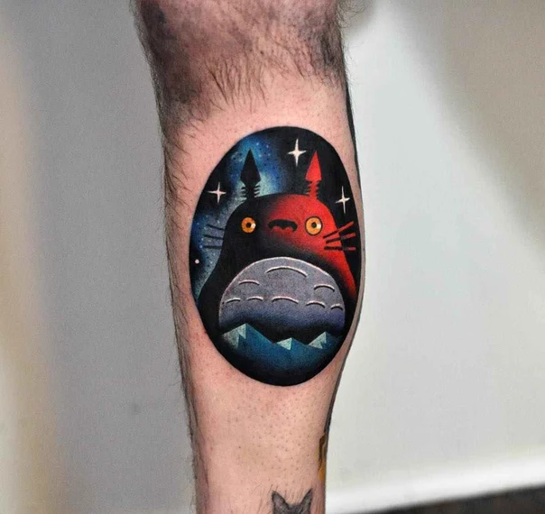 Anime Totoro, Stars tattoo on Calf