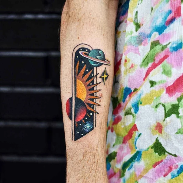 Geometric Planets, Sun tattoo on Forearm