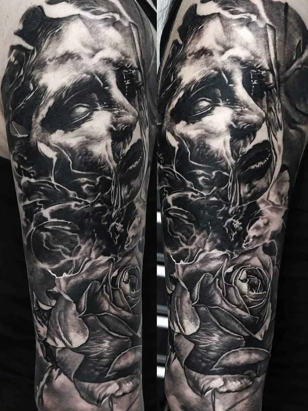 female black and grey black and grey tatuaje en full sleeve #2550 | Tatuador Domantas Parvainis