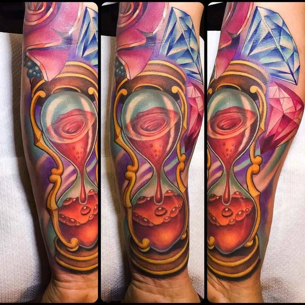 Neo Traditional Hourglass, Rose tattoo on Forearm