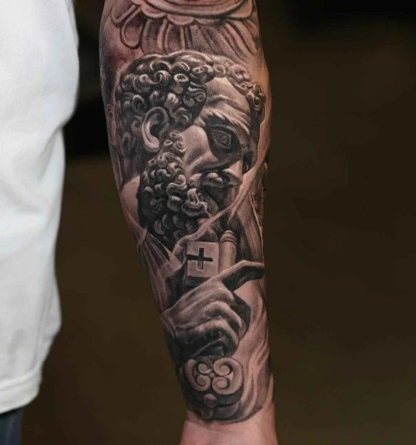 Realism Portrait, Religious tattoo on Forearm