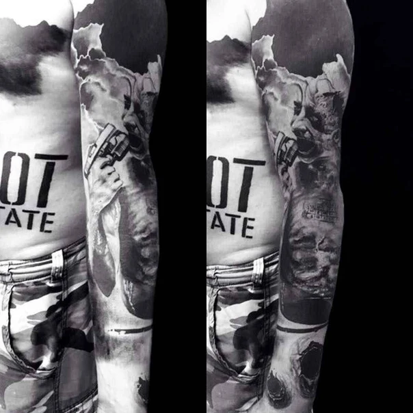 Чёрно-серая Skull, Gun tattoo на Полный рукав