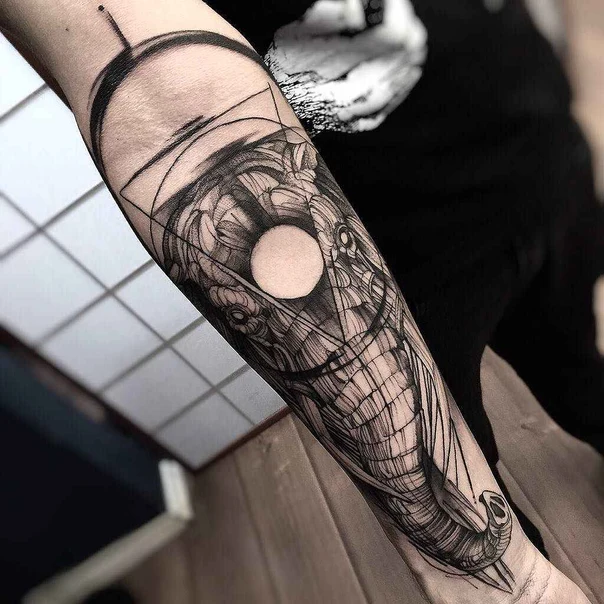 Geometric Abstract, Elephant tattoo on Forearm