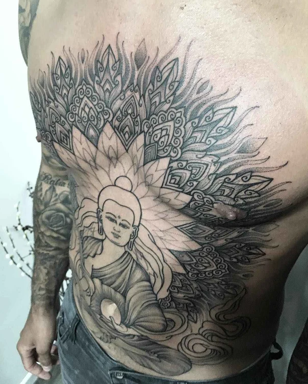 Black & Grey Buddha, Mandala tattoo on Chest