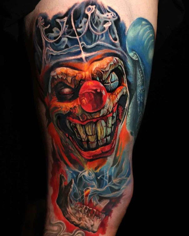 Realism Clown, Skull tattoo on Thigh