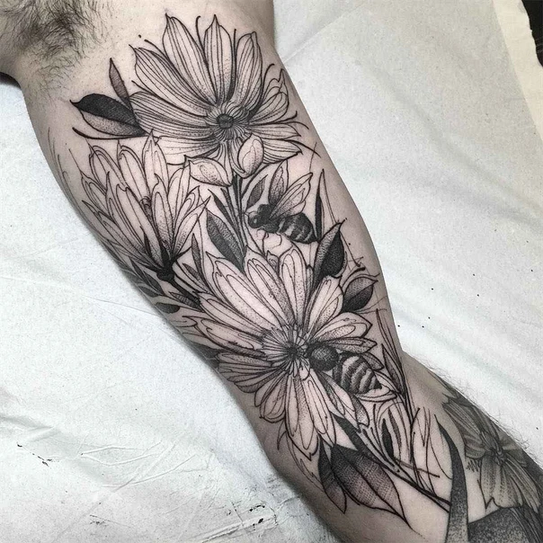 Linework Flowers, Bees tattoo on Forearm