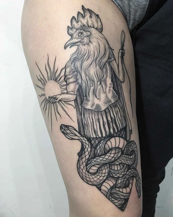 Blackwork Rooster, Snake tattoo on Thigh
