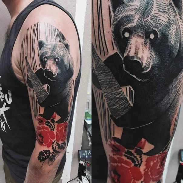 Blackwork Bear, Flowers tattoo on Full Sleeve