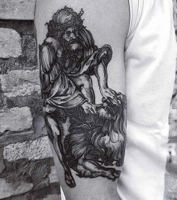 Engraving Figure, Lion tattoo on Forearm