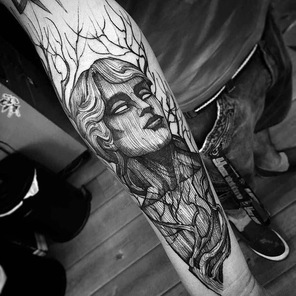 Sketch Portrait, Trees tattoo on Forearm