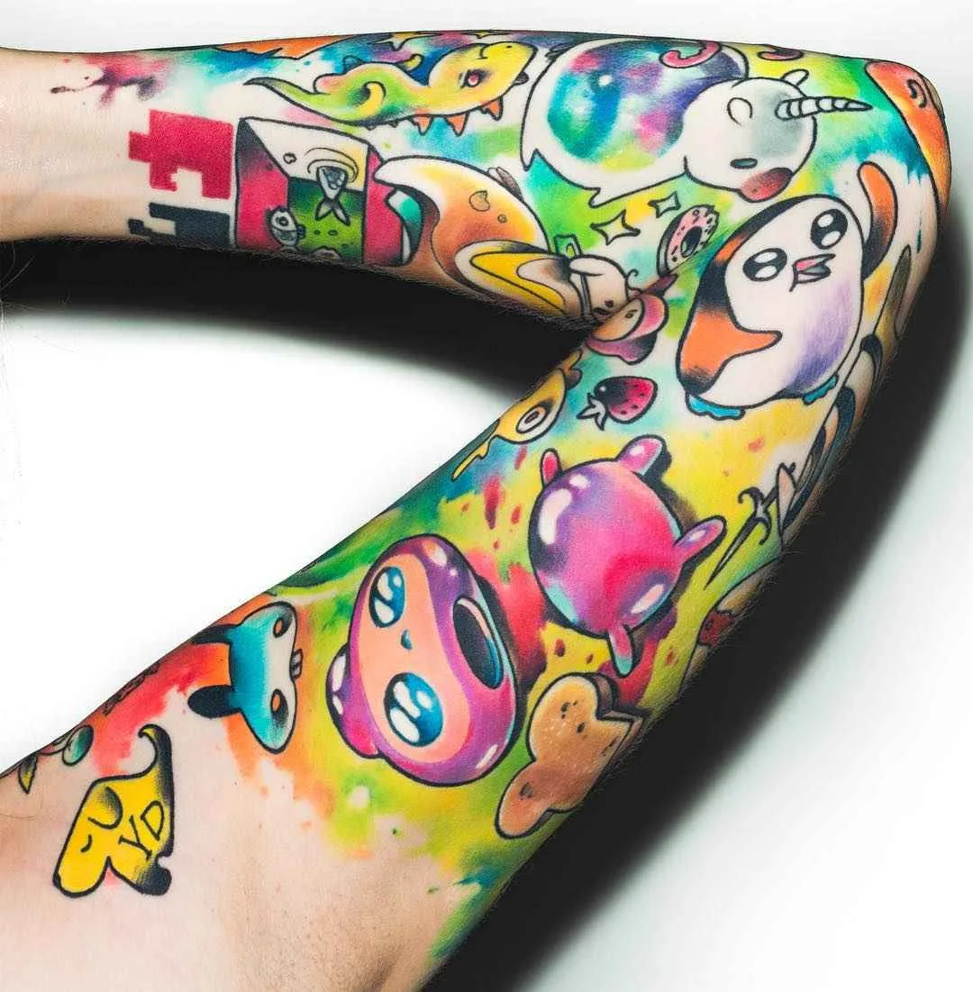 Tattoo artist Anton Kovrigin, bright watercolor sleeve tattoo