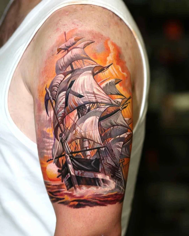 Realism Ship, Sunset tattoo on Upper Arm