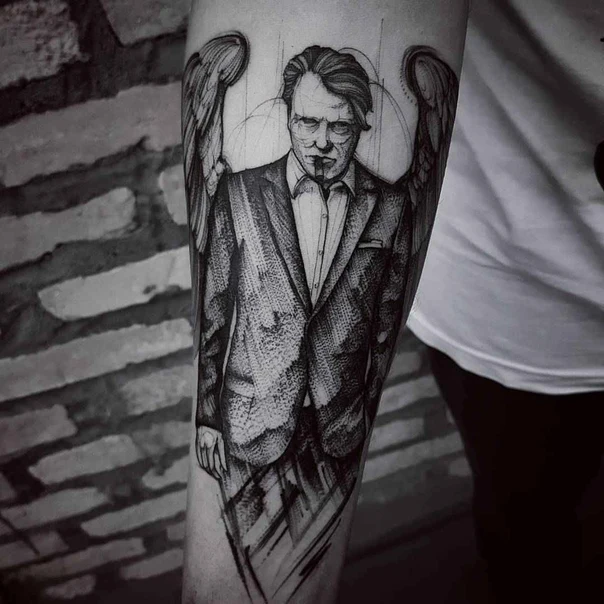 Black & Grey Portrait, Wings tattoo on Forearm