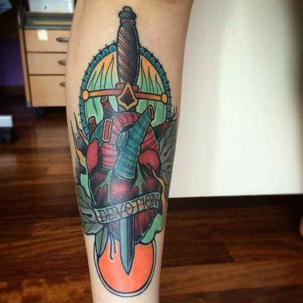 Traditional Heart, Dagger tattoo on Calf