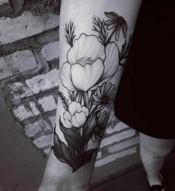 Linework Flowers, Leaves tattoo on Forearm