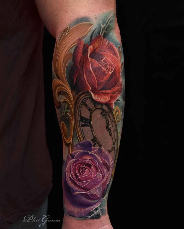 Realism Rose, Clock tattoo on Forearm