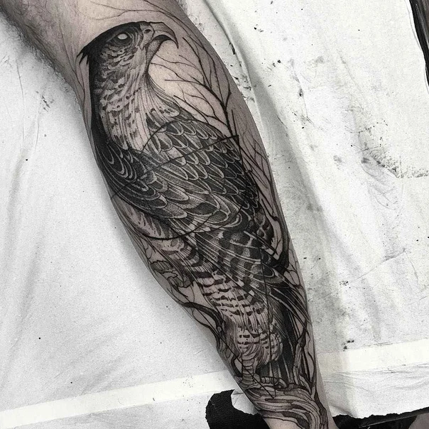 Blackwork Bird, Branches tattoo on Forearm
