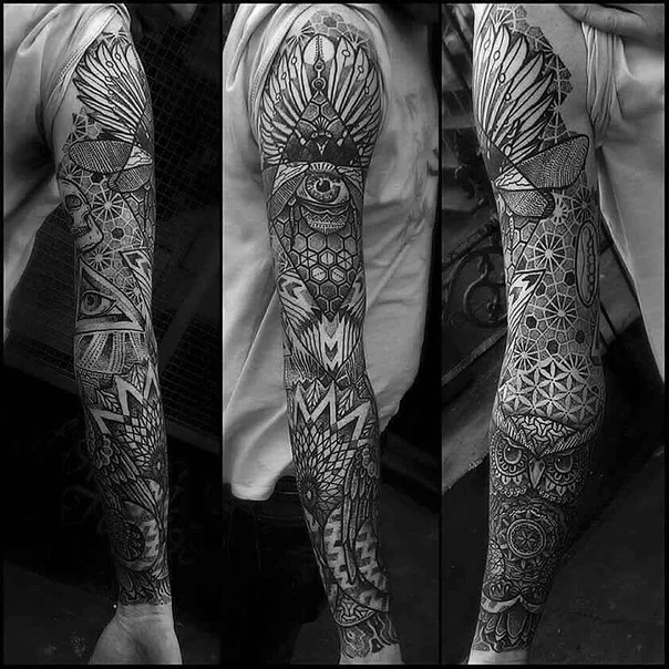Blackwork Owl, Geometric tattoo on Full Sleeve