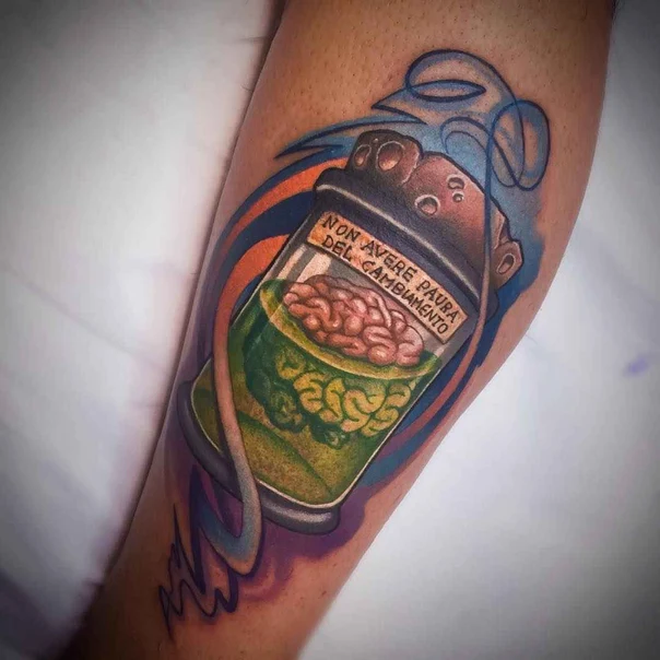 Illustrative Brain, Jar tattoo on Forearm