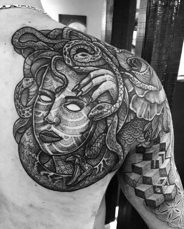Blackwork Medusa, Snake tattoo on Shoulder