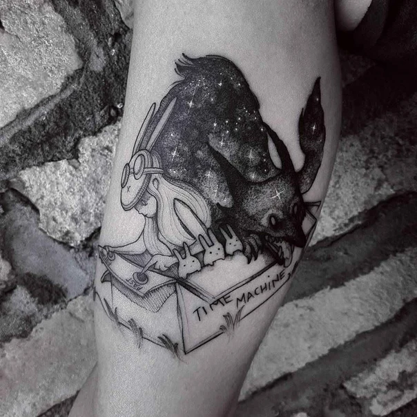 Illustrative Rabbit, Wolf tattoo on Thigh