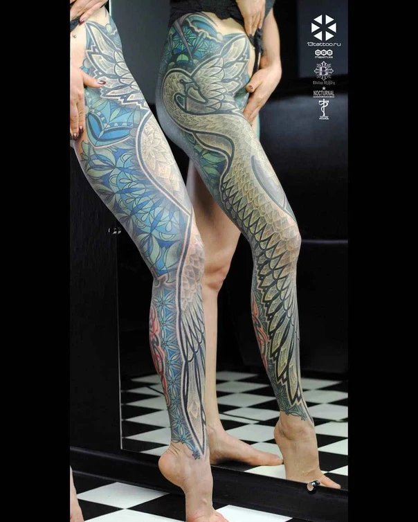Орнаментальная Wings, Floral tattoo на Нога целиком
