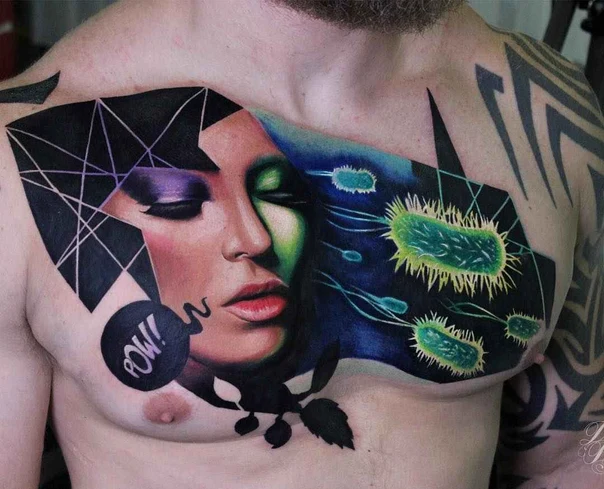 Realism Portrait, Bacteria tattoo on Chest
