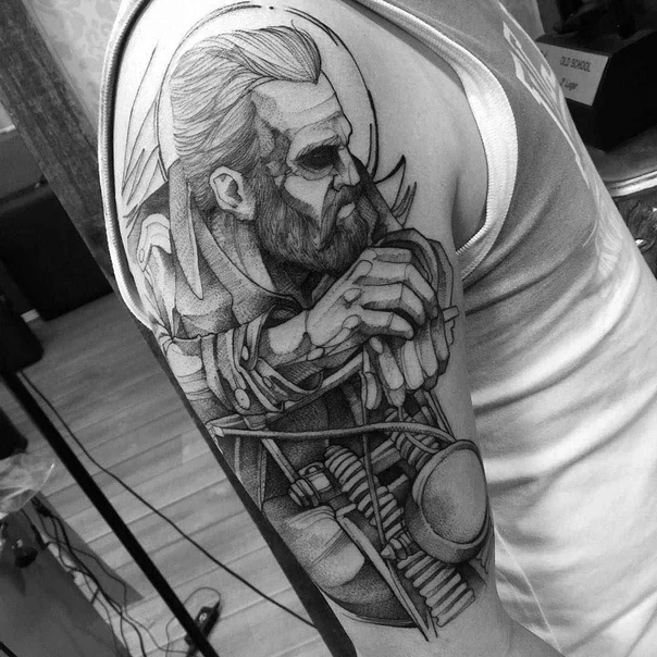 Black & Grey Portrait, Motorcycle tattoo on Upper Arm