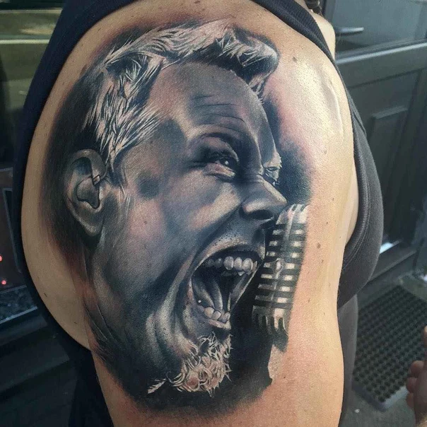 Realism Portrait, Microphone tattoo on Shoulder