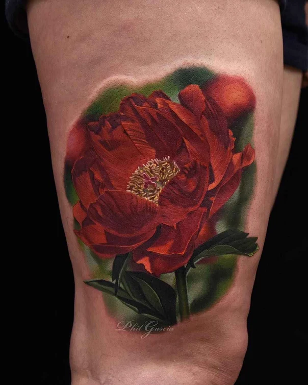 Realism Flower, Peony tattoo on Thigh