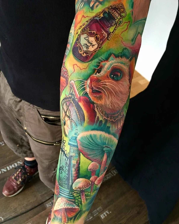 Illustrative Alice in wonderland, Cat tattoo on Full Sleeve