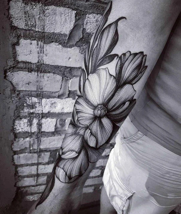 Black & Grey Flower, Leaves tattoo on Forearm