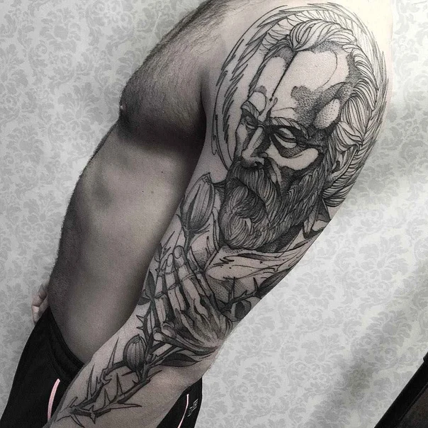 Blackwork Portrait, Botanic tattoo on Full Sleeve
