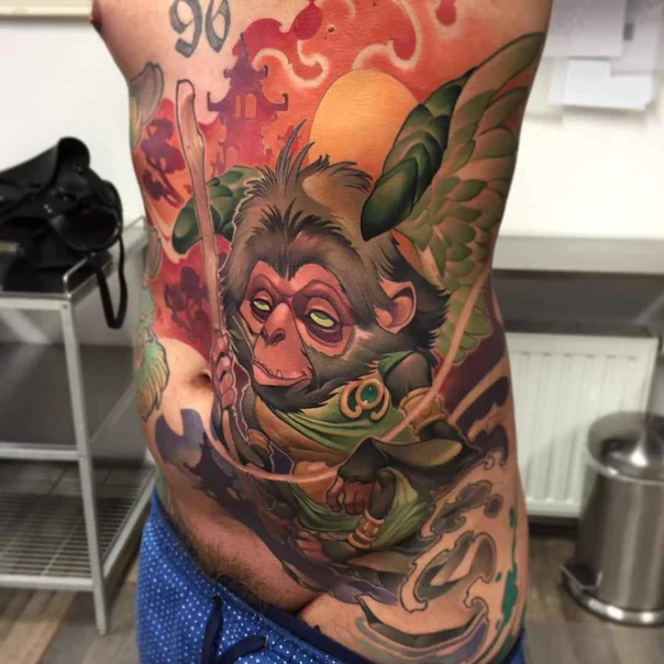 Japanese Monkey, Wings tattoo on Stomach