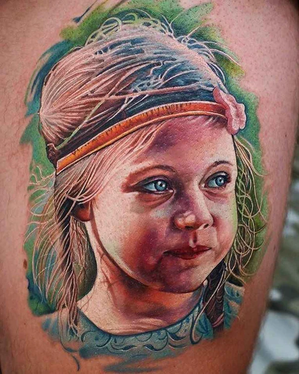 Realism Portrait, Child tattoo on Thigh