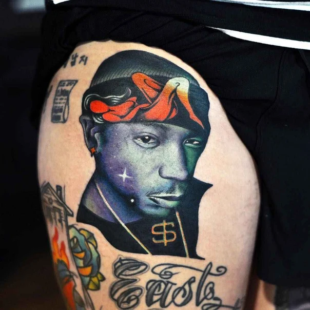Realism Portrait, Lettering tattoo on Thigh
