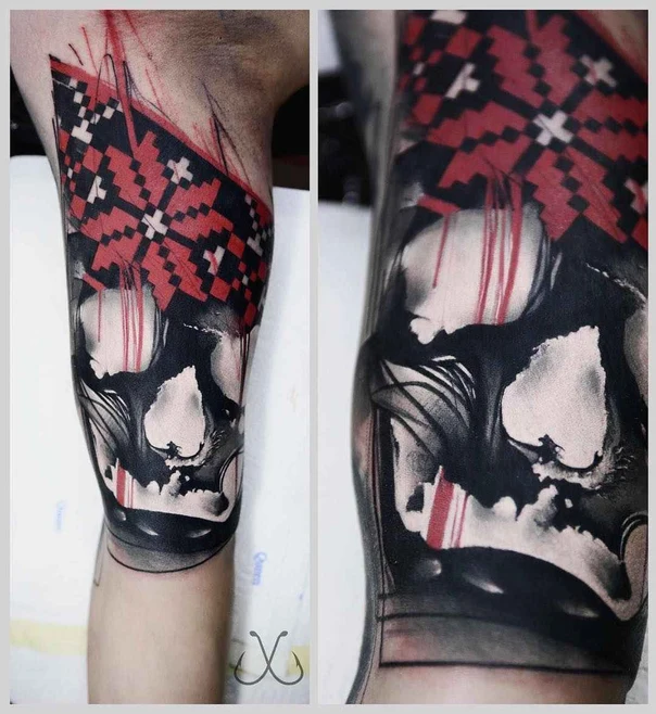 Trash Polka Skull, Geometric tattoo on Forearm